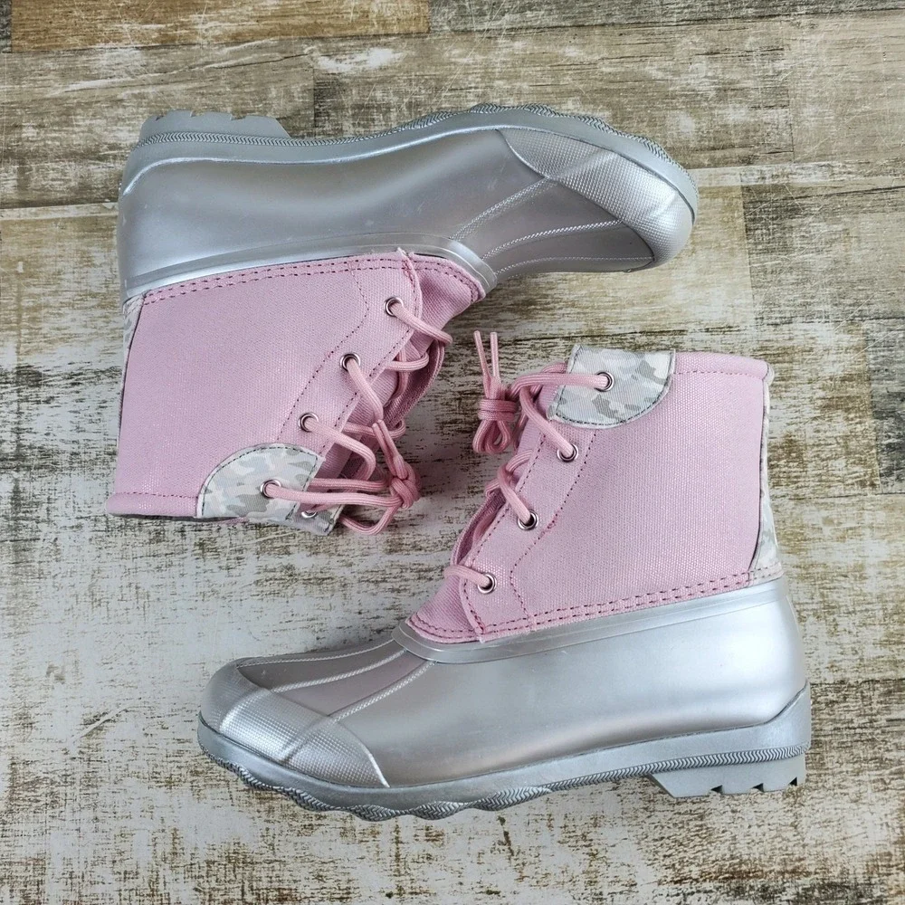 Sperry Port Kids Boots Sz 6 M Pink Canvas Silver Rubber Mid-Top Lace-Up Comfort